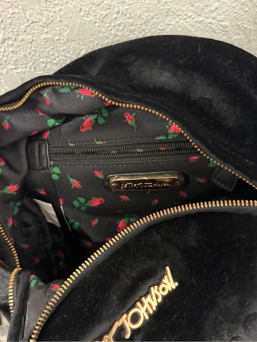 Betsey Johnson Black Velvet Mini Backpack with Gold Hardware